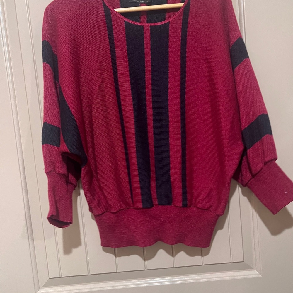 Vintage 60s 70s HEDY Knits Magenta Black Striped Dolman Sweater